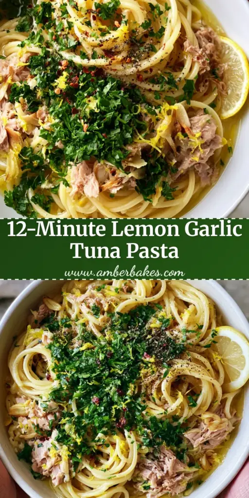 A top-down view of a shallow white ceramic bowl filled with tuna spaghetti, featuring glossy noodles, pink tuna flakes, and vibrant green parsley.