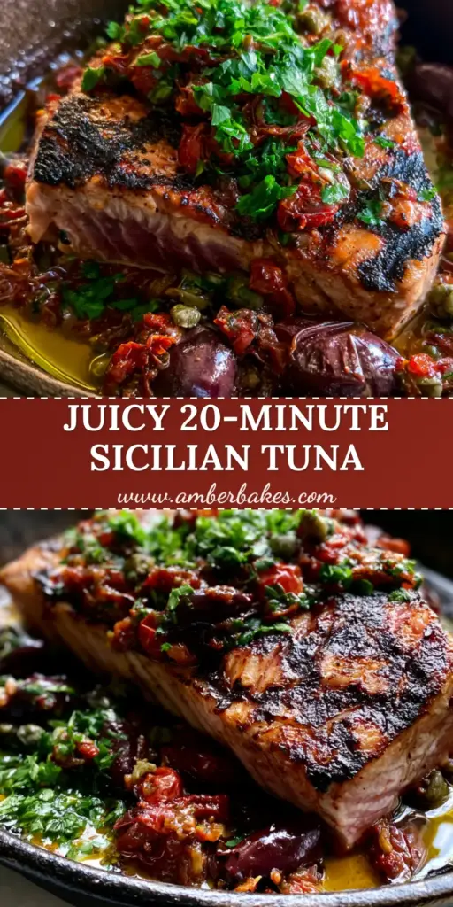 A rustic black cast iron skillet featuring a thick, seared Ahi tuna steak with a dark char and pink center, smothered in blistered cherry tomatoes, Kalamata olives, and fresh parsley. (Tonno alla Siciliana)