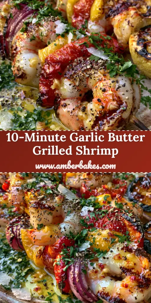 A close-up shot of Grilled shrimp kabobs on a rustic ceramic plate, featuring glistening jumbo shrimp, charred red peppers, and sautéed garlic bits.
