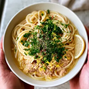 A handheld smartphone photo showing a bowl of tuna spaghetti held by two hands, highlighting the golden sauce and toasted garlic.