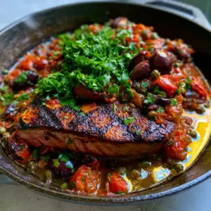 A close-up handheld photo of a seared tuna steak in a cast iron skillet with blistered red cherry tomatoes and olives. (Tonno alla Siciliana)