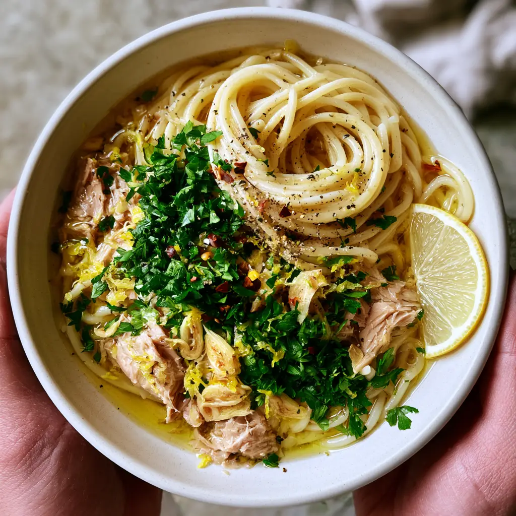 Close-up of tuna spaghetti with visible lemon zest, red chili flakes, and coarse black pepper.