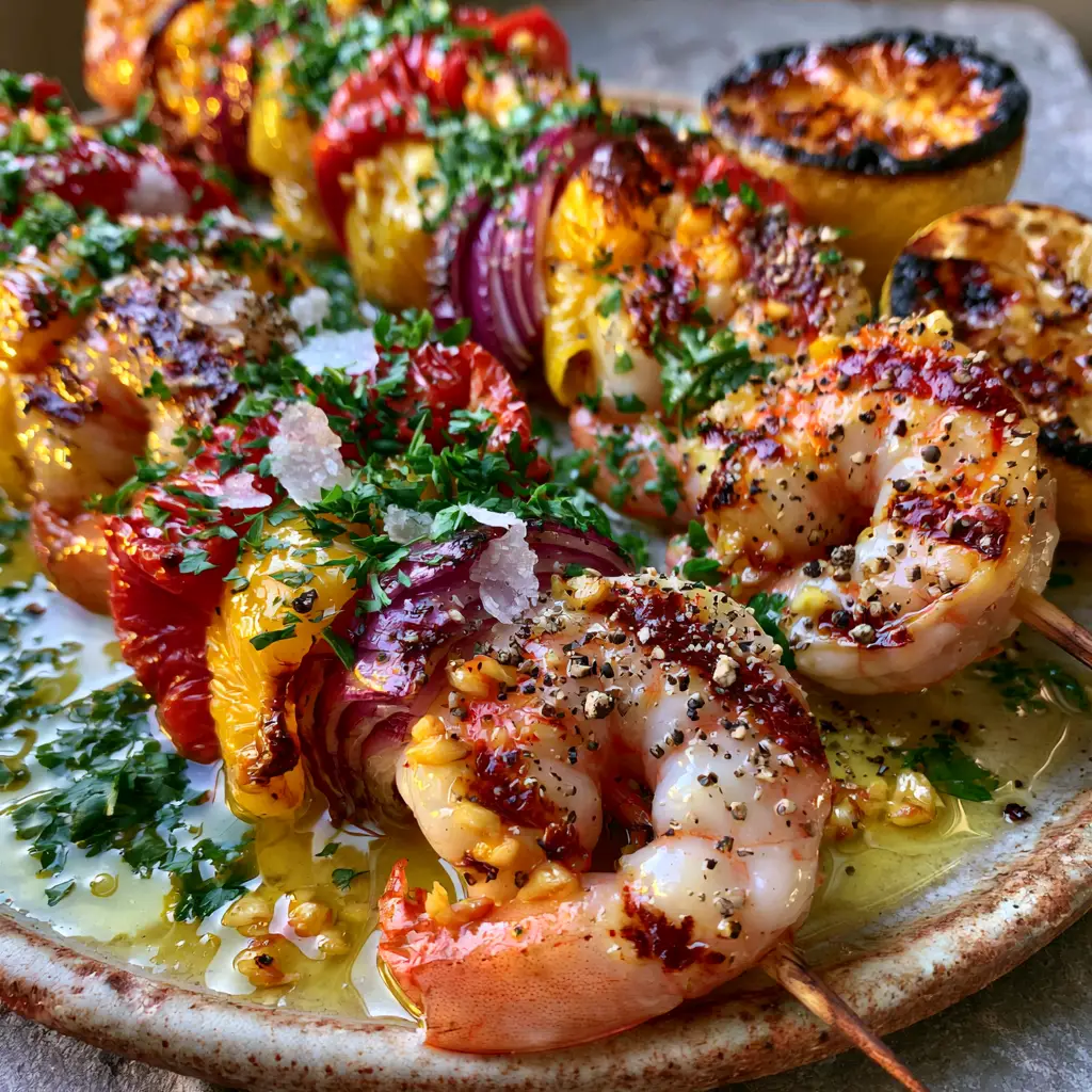 Close up of Grilled shrimp kabobs drenched in glossy garlic butter and garnished with emerald green parsley and flaky sea salt.