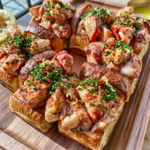 Top-down photo of six Lobster Rolls on a wooden board with buttery toasted buns and fresh chives. (Lobster Rolls)