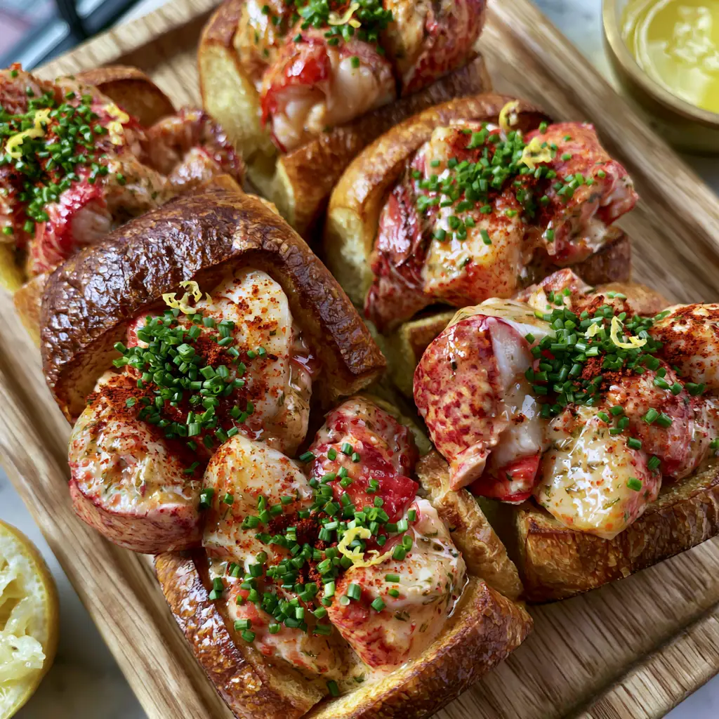 Close up of Lobster Rolls showing vibrant red lobster meat, lemon zest curls, and a smoked paprika dusting.