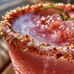 Extreme close-up of a pink and white marbled guava coconut margarita with condensation beads. (guava coconut margarita)
