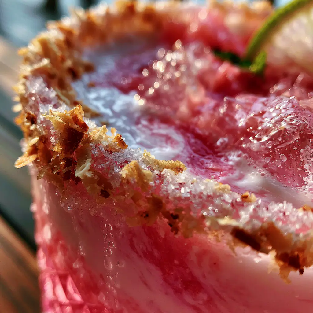 Close-up of the toasted coconut and sea salt rim on a guava coconut margarita.