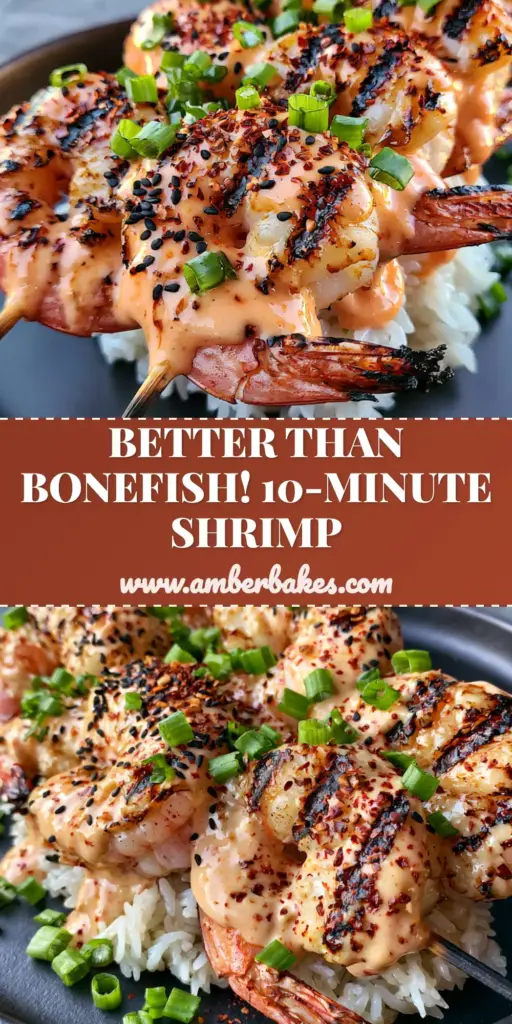 A close-up of Grilled Bang Bang Shrimp Skewers on a bed of jasmine rice, featuring thick orange sauce and dark char marks.