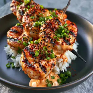 Succulent Grilled Bang Bang Shrimp Skewers with distinct char marks and glossy orange sauce on a black plate.
