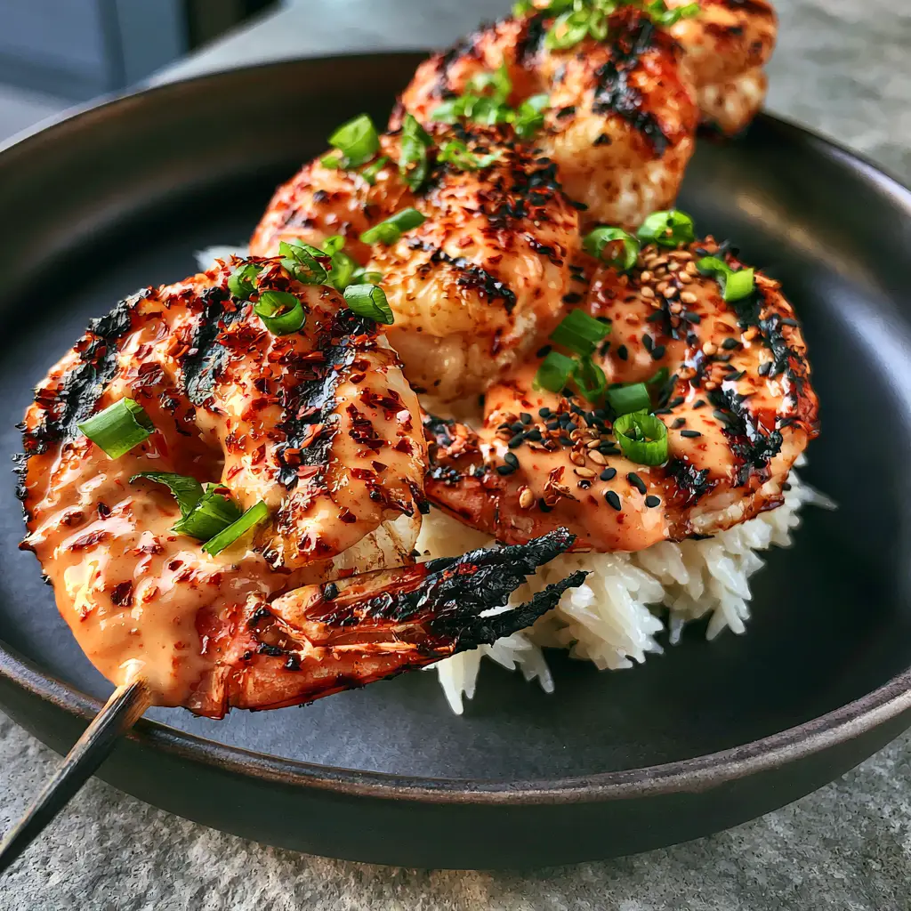 Grilled Bang Bang Shrimp Skewers garnished with scallions and sesame seeds under soft natural sunlight.