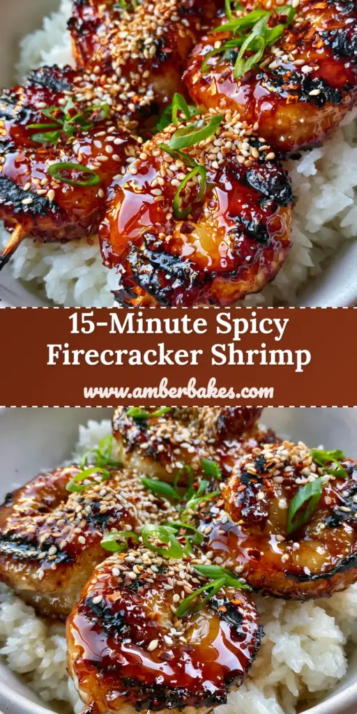 A close-up of three Firecracker Shrimp Skewers with deep charred grill marks and a bubbling reddish-amber glaze, served over fluffy jasmine rice and garnished with sesame seeds and scallions.