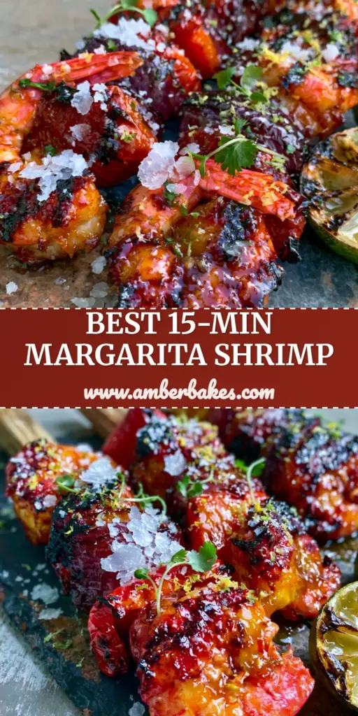 Three thick wooden skewers packed with charred jumbo shrimp, red peppers, and onions on a slate platter. (grilled margarita shrimp kebabs)