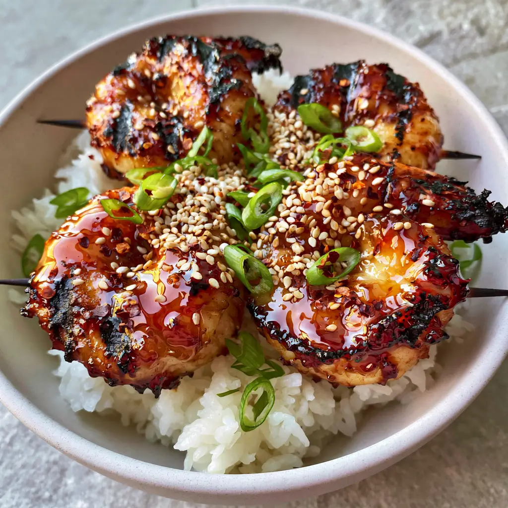 Close-up of bubbling honey garlic glaze on charred Firecracker Shrimp Skewers with red chili flakes.