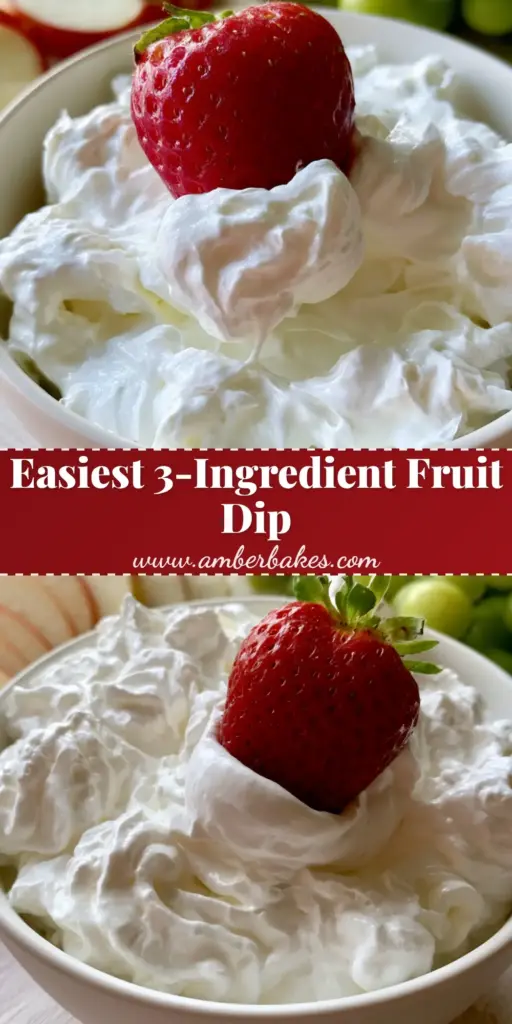 A close-up shot of a strawberry being dipped into a thick, glossy fruit dip recipe in a white bowl.