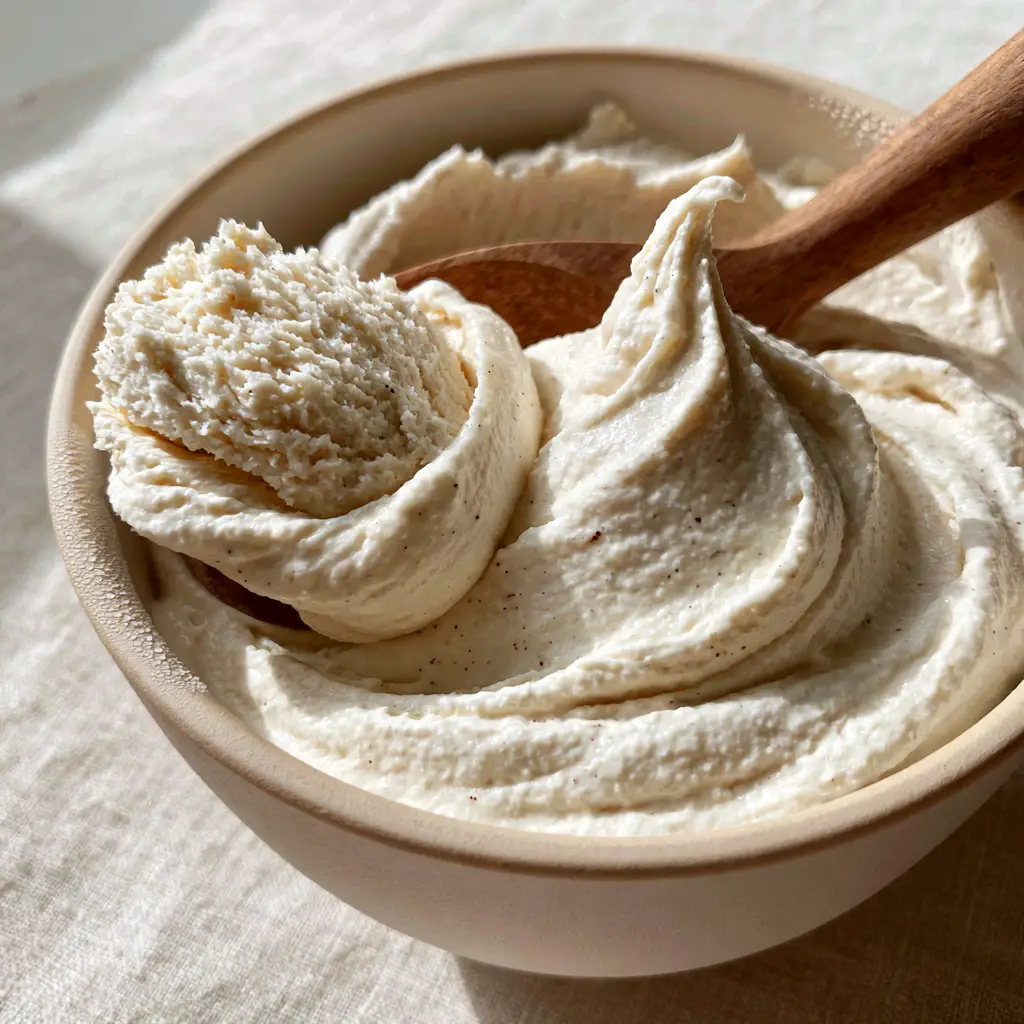 Extreme close-up of instant ice cream showing tiny vanilla bean flecks and soft peaks in a matte bowl.