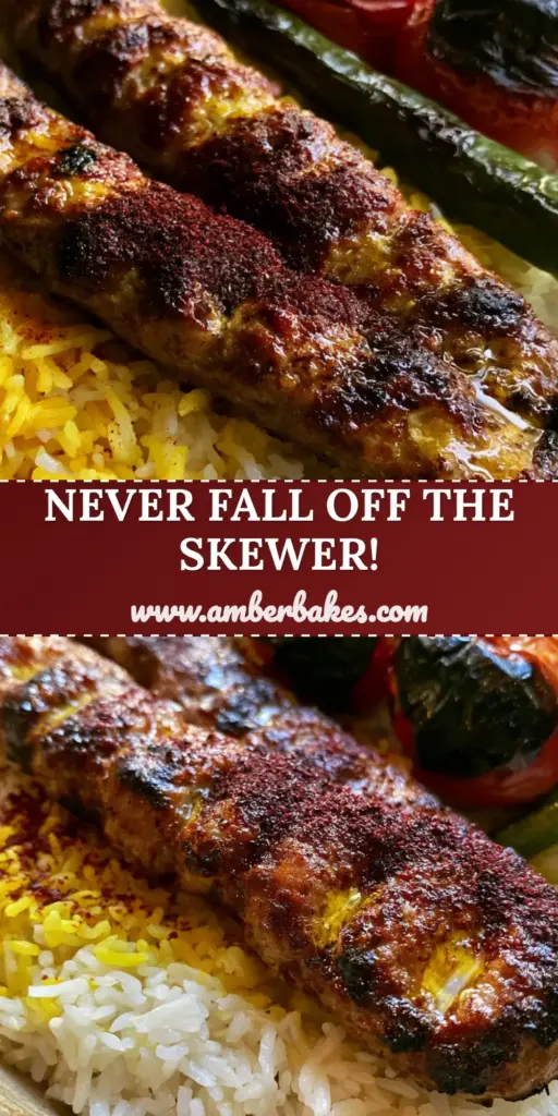 Two long flat Kabob Koobideh skewers on a bed of buttery saffron rice with charred tomatoes. (Kabob Koobideh)