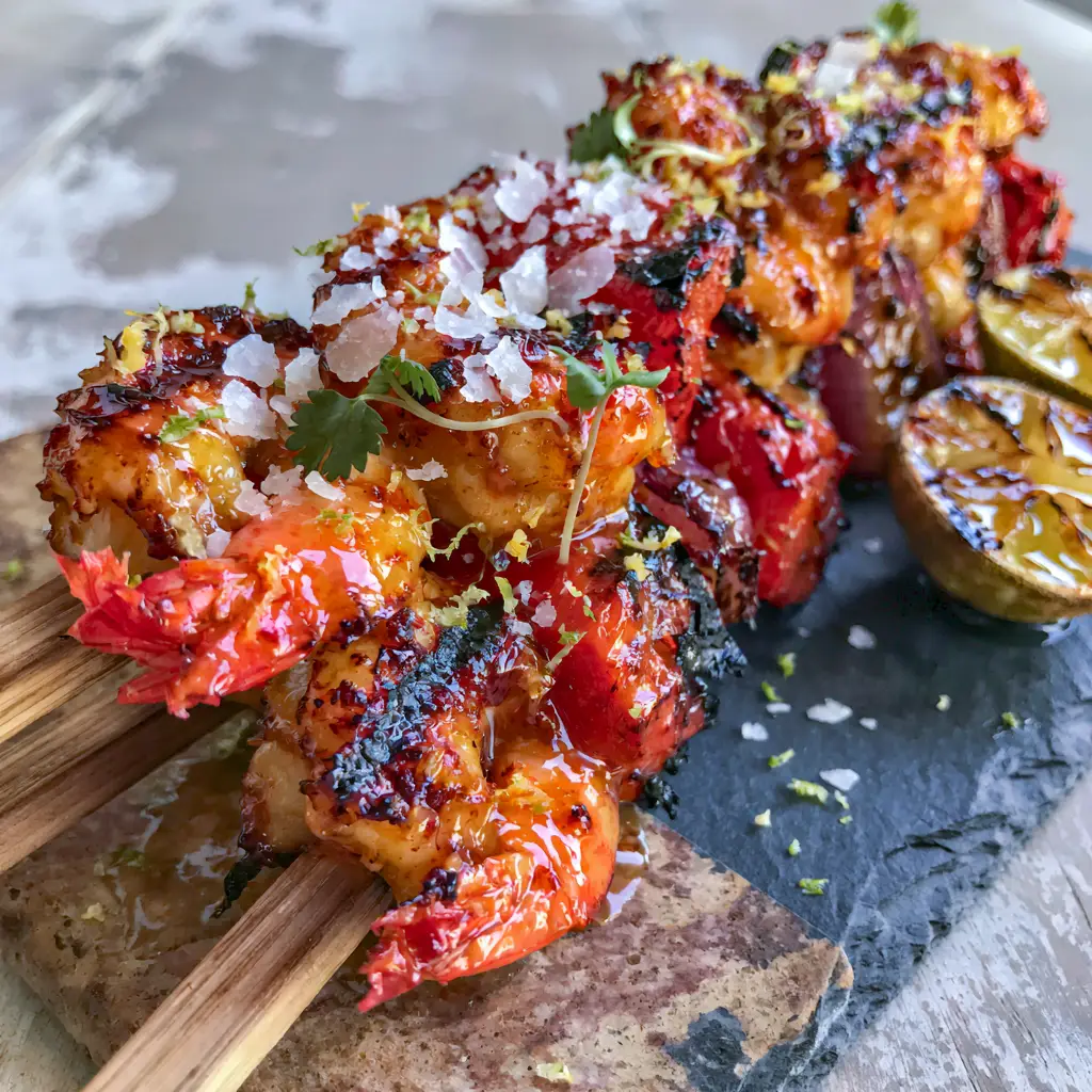 Handheld photo of shrimp skewers showing caramelized char marks and blistered red onions.