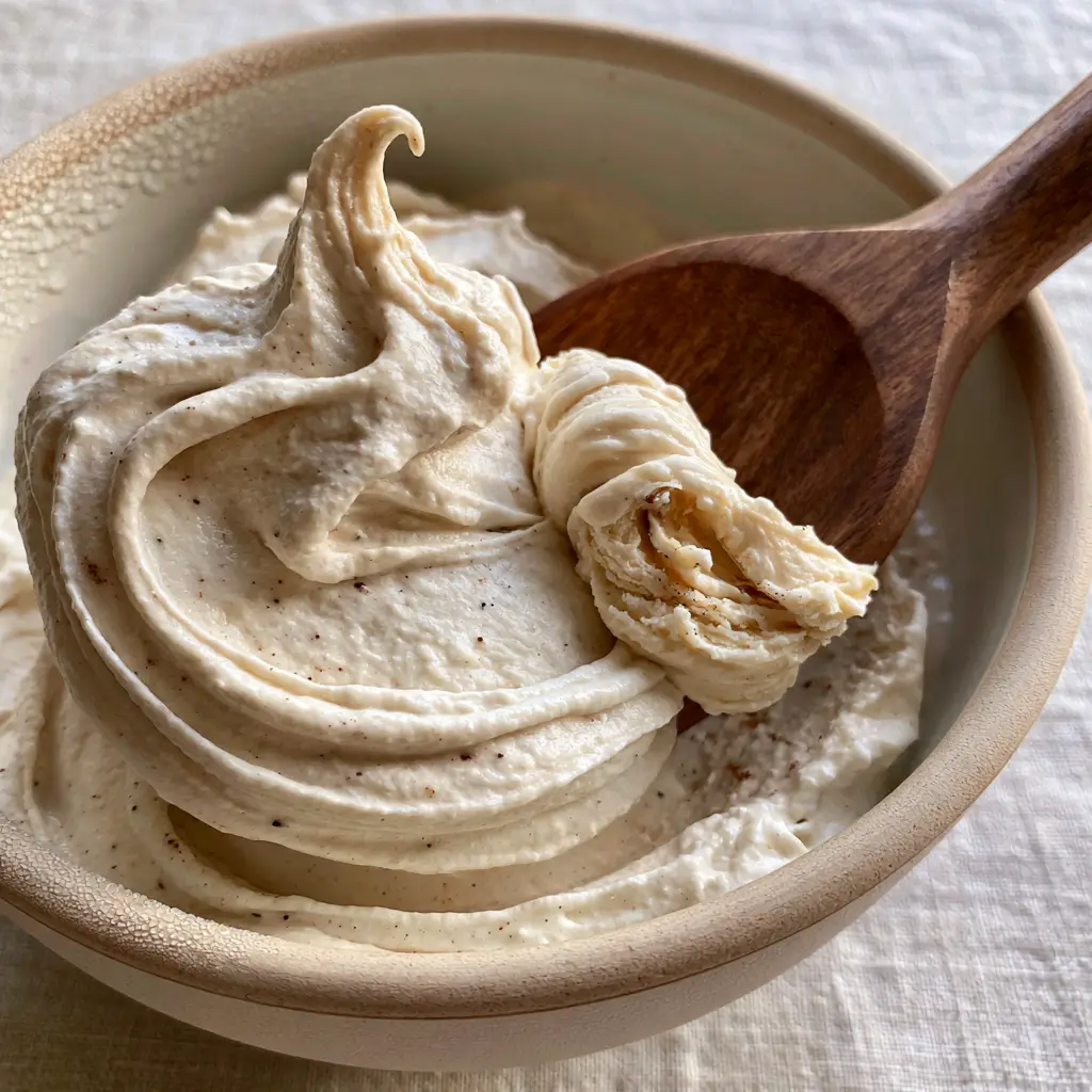 A thick glob of instant ice cream on a wooden spoon against a neutral linen background.