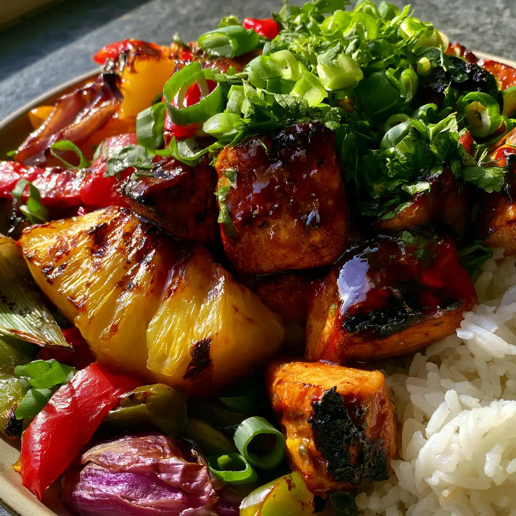 A steaming bowl of Hawaiian chicken over jasmine rice with green onion garnish. (hawaiian recipe)
