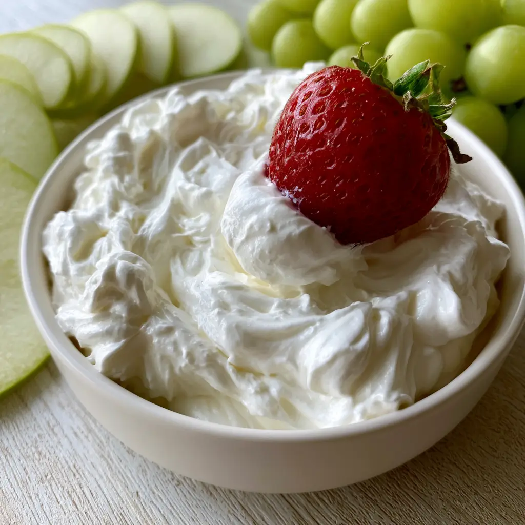 Close-up of a velvety dollop of fruit dip recipe on a red strawberry over a wood surface.