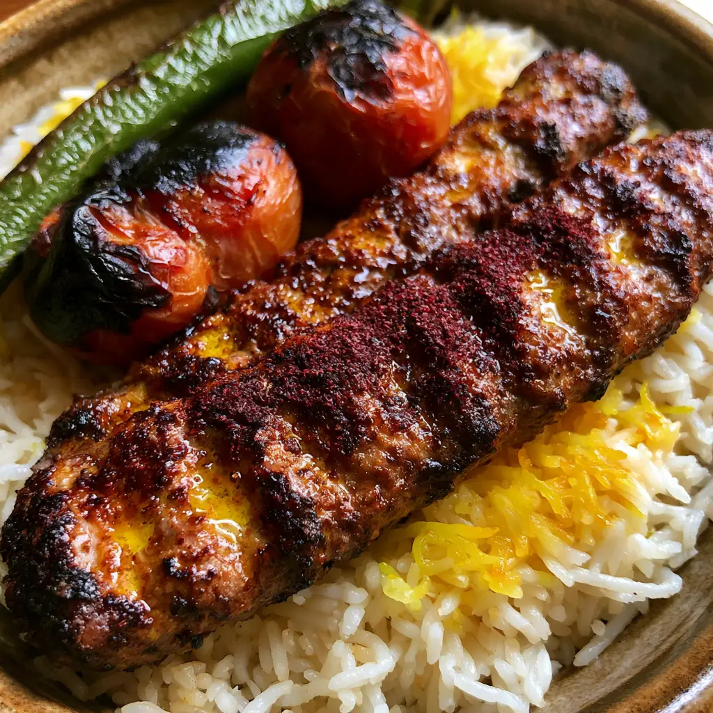 Rustic plating of Kabob Koobideh with blistered whole tomatoes and a long green pepper. (Kabob Koobideh)