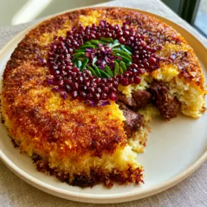 A 45-degree angle photo of a flipped Persian Yogurt Rice with Lamb showing the thick golden saffron crust and steaming interior.