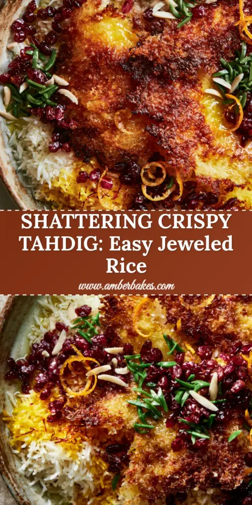 An overhead view of Persian Jeweled Rice featuring golden Tahdig shards, ruby barberries, and green pistachios on a rustic platter.