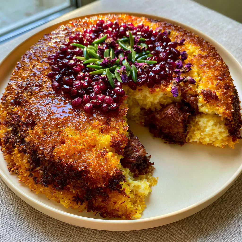 Close-up of Persian Yogurt Rice with Lamb garnished with ruby barberries and emerald pistachios.