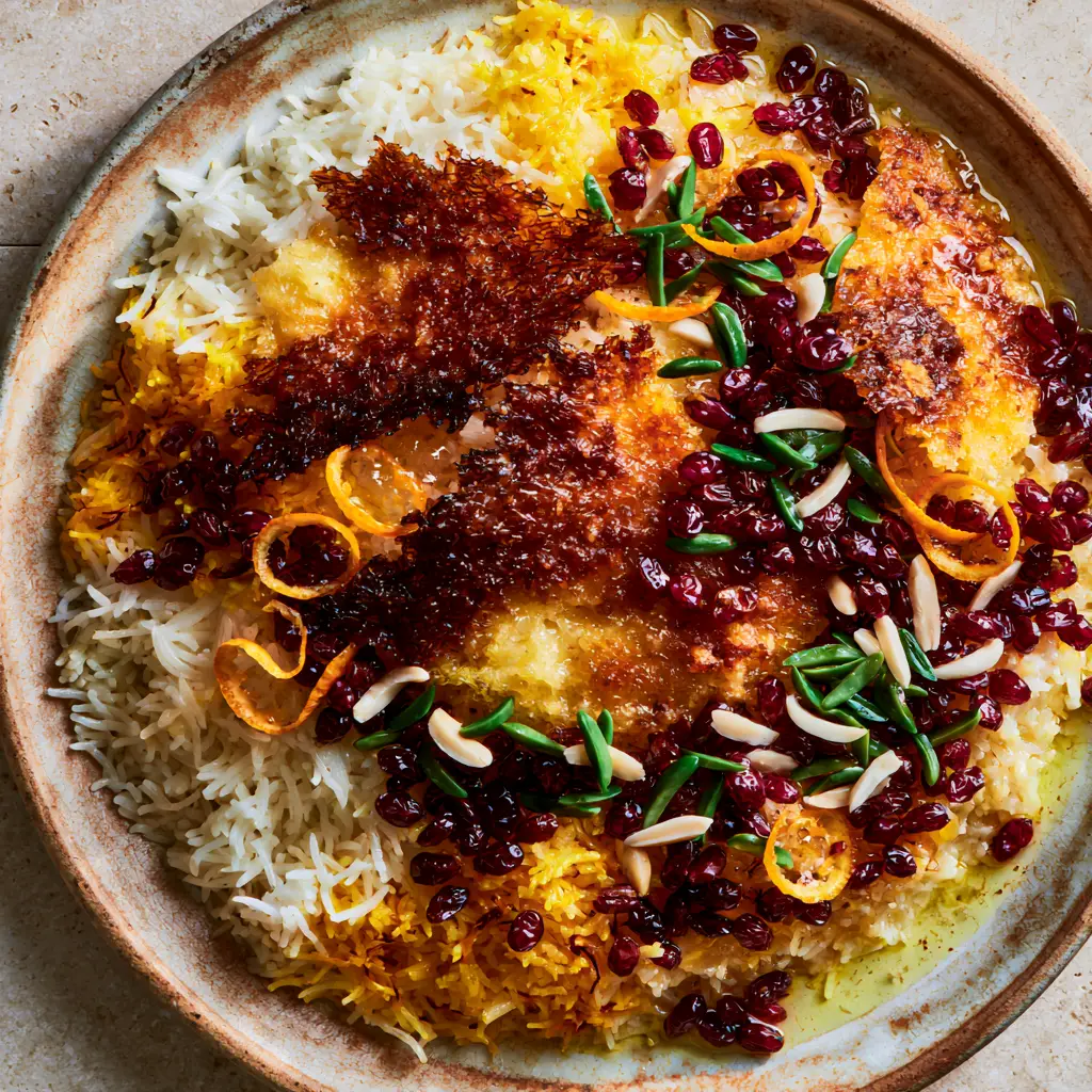 High-angle shot of jagged golden-brown Tahdig shards on Persian Jeweled Rice.