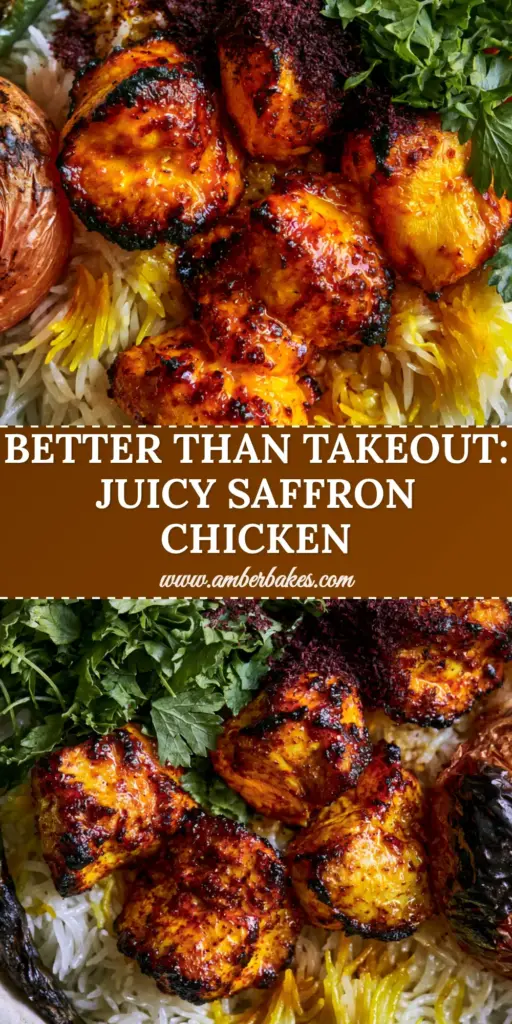 Overhead shot of Persian Saffron Chicken (Joojeh Kabab) with charred edges on a bed of saffron-streaked basmati rice with grilled tomato.