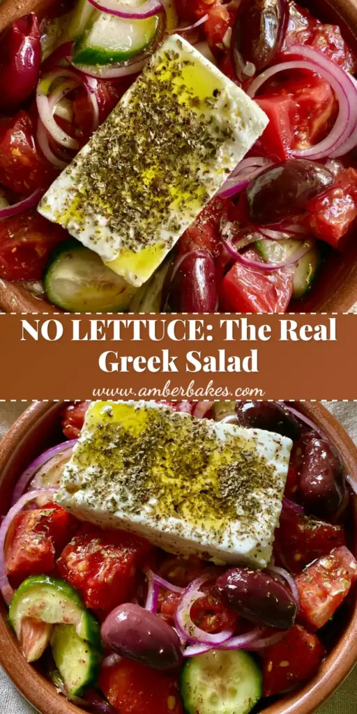 A rustic terracotta bowl filled with an authentic Greek salad recipe featuring large tomato chunks, cucumber moons, and a whole block of feta. (Greek salad recipe)