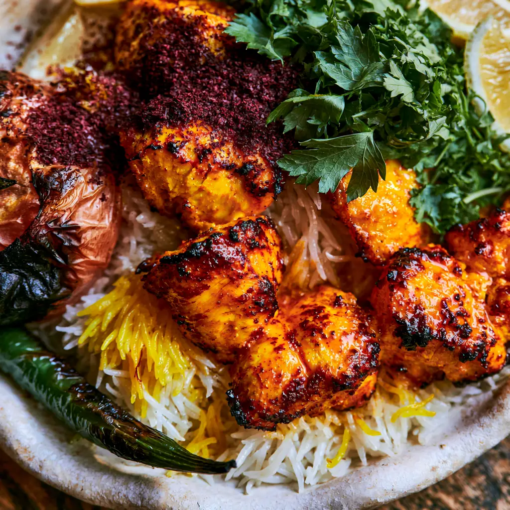 Extreme close-up of charred Persian Saffron Chicken chunks showing the glistening texture and vibrant orange color.