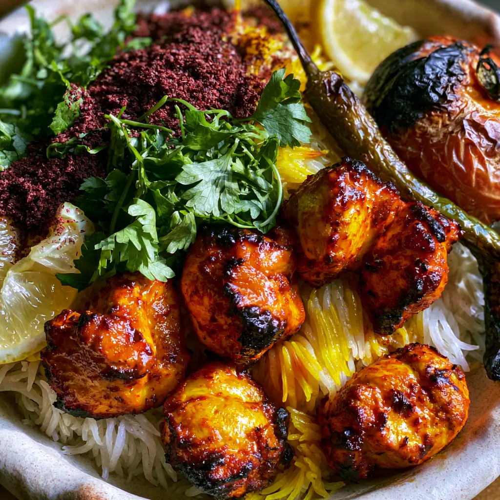 Persian Saffron Chicken chunks nestled on long-grain basmati rice with vibrant yellow saffron streaks and burgundy sumac.
