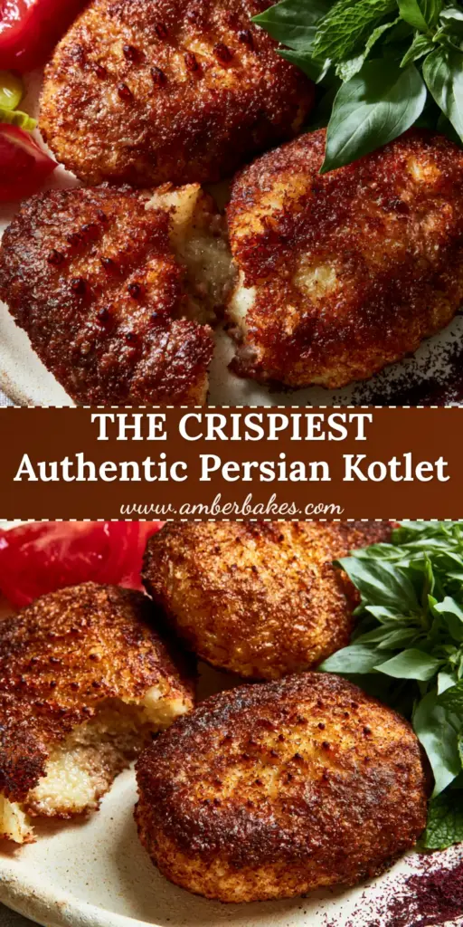 A rustic platter featuring three oval-shaped Persian Kotlets with deep golden-brown crusts, garnished with sliced tomatoes, Persian pickles, and fresh mint. (Persian Kotlet)
