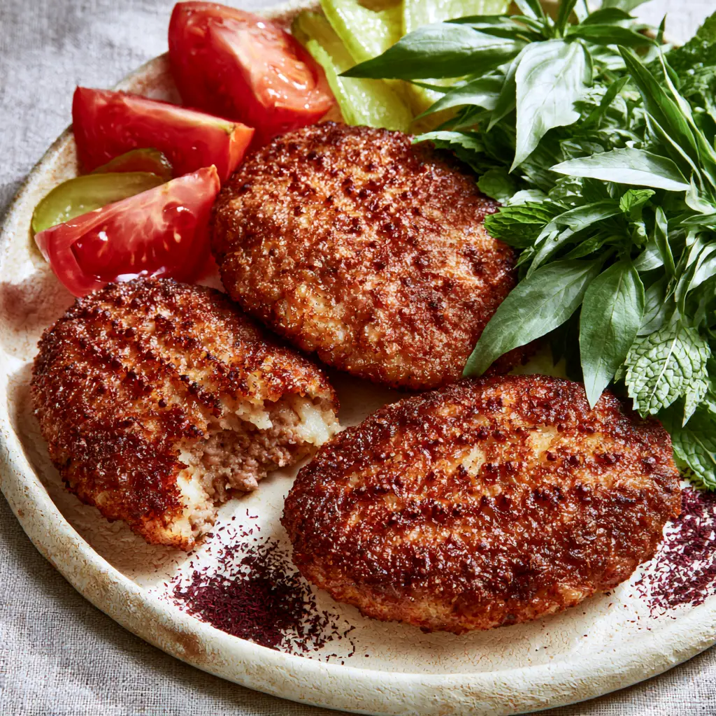 Extreme close-up of three oval Persian Kotlets showing a crispy textured crust and visible frying ridges on a ceramic plate. (Persian Kotlet)