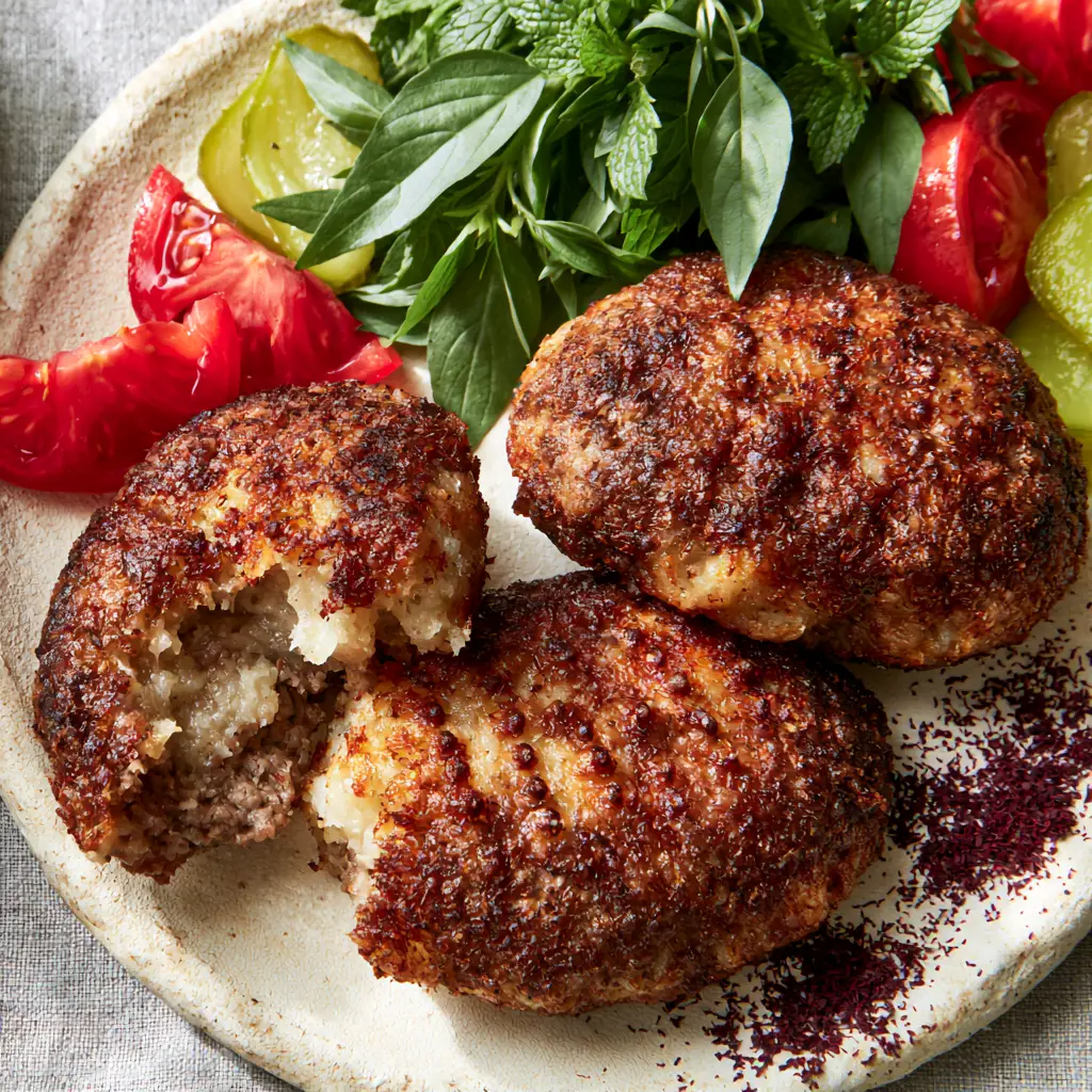 A broken Persian Kotlet revealing a steaming, moist, light-colored interior made of potatoes and beef, surrounded by sumac and herbs.