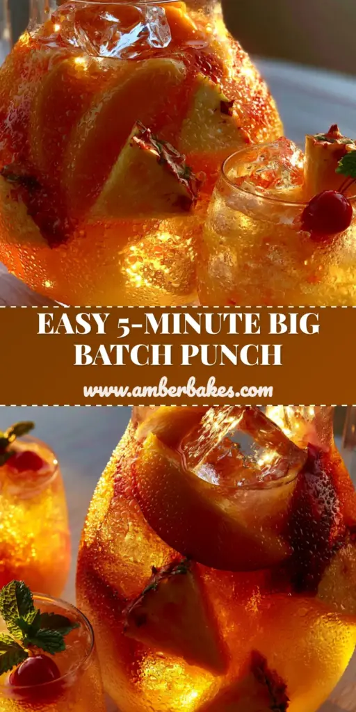 A close-up vertical shot of a vibrant pineapple mango rum punch with fresh fruit garnishes and clear ice cubes.