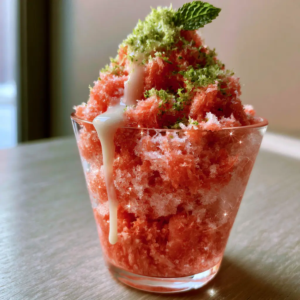 Watermelon Shaved Ice mountain with creamy white condensed milk dripping down the sides.