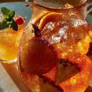 A heavy glass pitcher filled with golden-yellow pineapple mango rum punch, featuring oversized ice and condensation.