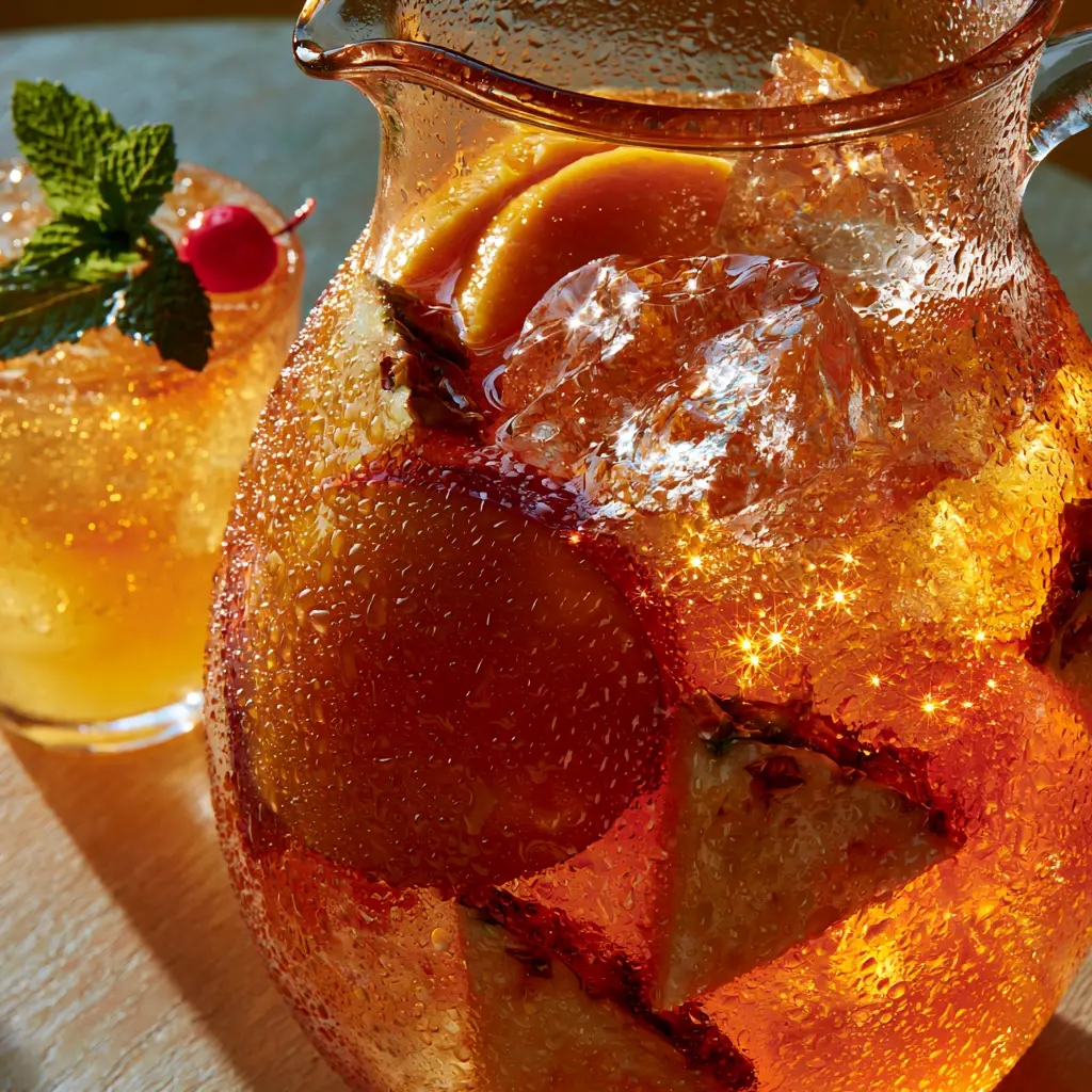 A heavy glass pitcher filled with golden-yellow pineapple mango rum punch, featuring oversized ice and condensation.