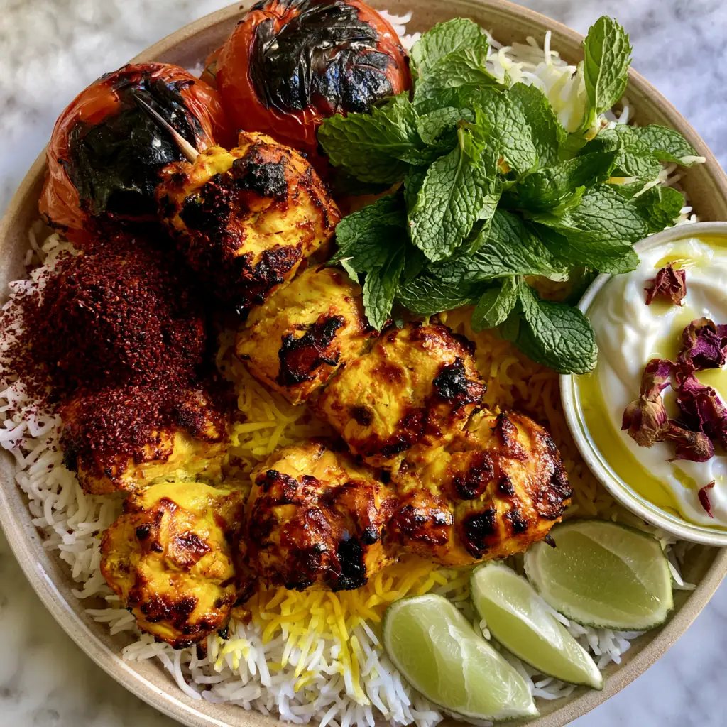 Close-up of Joojeh Kebabs showing moisture and deep brown char marks, served with blistered whole tomatoes and lime.