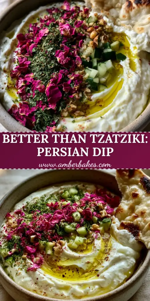 A rustic ceramic bowl filled with thick Mast-o Khiar yogurt dip, topped with olive oil swirls, rose petals, and mint, served with charred flatbread.