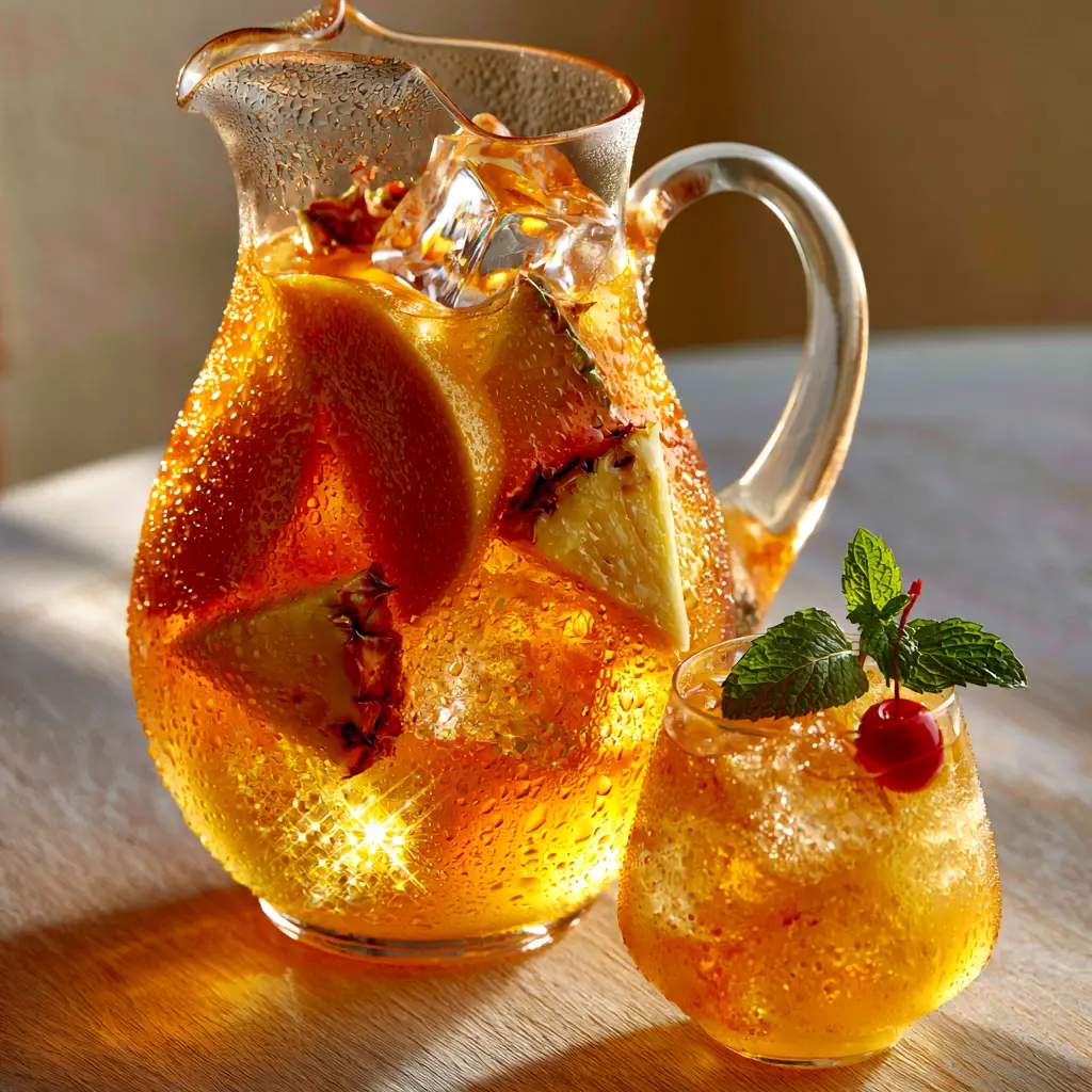 A single glass of pineapple mango rum punch garnished with mint and a cherry sitting on a light wood table.