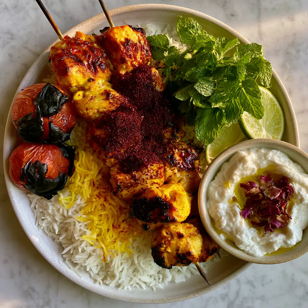 Top-down view of a Persian platter featuring Joojeh Kebabs, saffron rice, and a bowl of labneh topped with rose petals.
