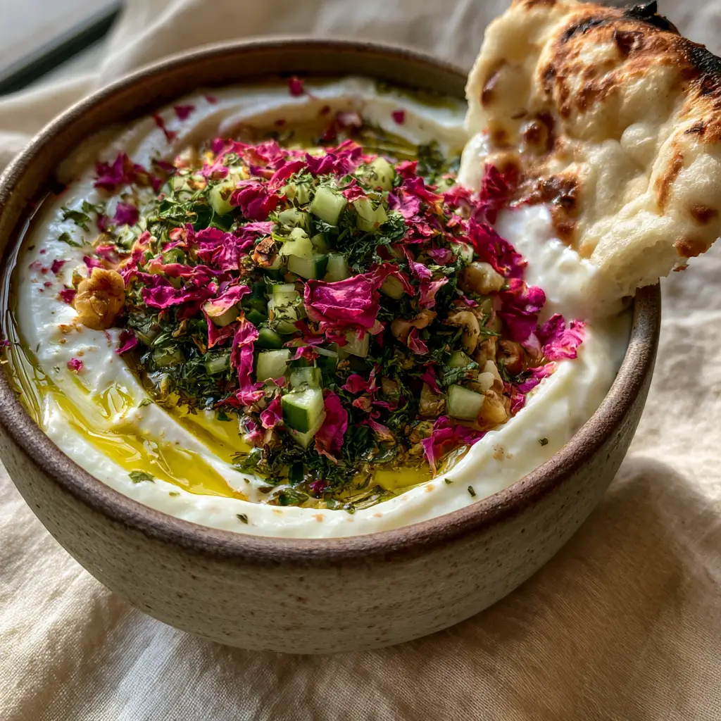 Close-up 45-degree angle shot of Mast-o Khiar showing the velvety texture of thick yogurt and shimmering olive oil pools.