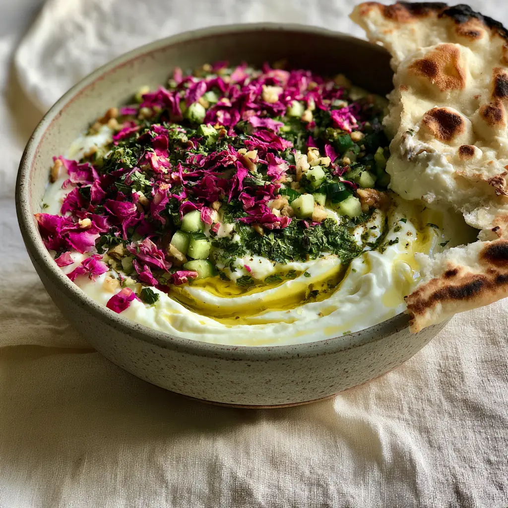 A top-down view of Mast-o Khiar garnished with emerald-green mint, pink rose petals, and uniform cucumber cubes.