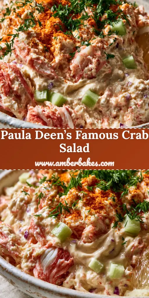 A creamy Paula Deen Crab Salad served in a white bowl with fresh dill and a lemon wedge.