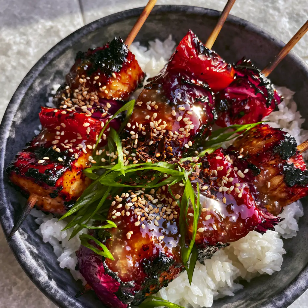 Top-down view of grilled chicken skewers with thick amber glaze and blistered red peppers. (Honey Garlic Asian Chicken Kabobs)
