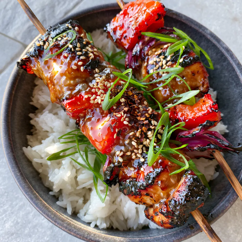 Close-up of seared red onion and chicken drenched in honey garlic sauce. (Honey Garlic Asian Chicken Kabobs)