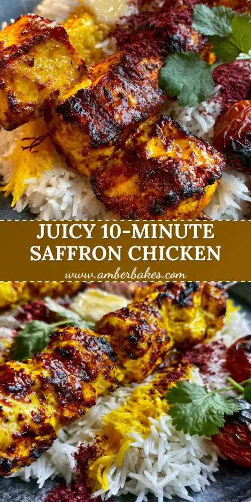 A close-up shot of three thick Persian Joojeh Kabob chicken skewers on a bed of saffron-striped basmati rice with blistered tomatoes and sumac. (Joojeh Kabob)